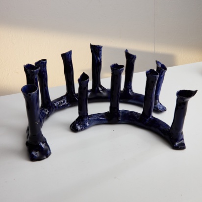 Indigo Blue Ceramic Candle Holder Set