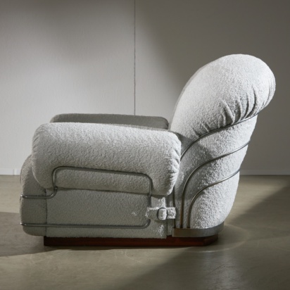 Italian White Bouclé Armchair with Chrome Accents